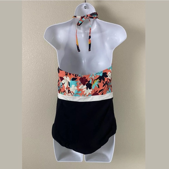 Sea Angel Halter Orange Floral Swimsuit Meadowdale Black Cheeky Bottom Womens L - Picture 13 of 14